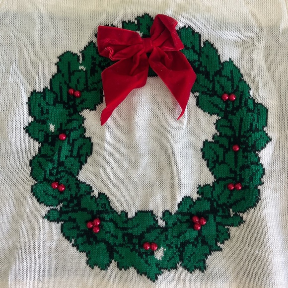 Cute White Christmas Sweater with Wreath and Holly design in white and green - Picture 5 of 8